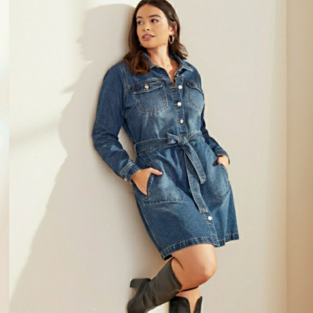 NWT Plus Size Belted Denim Dress - 2x
